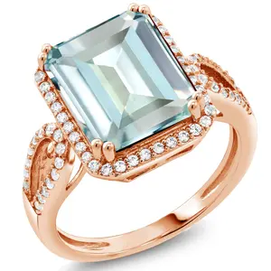 Gem Stone King 18K Rose Gold Plated Silver Gemstone Birthstone Halo Ring for Women | Emerald Cut 12X10MM | Fine Jewelry for Her Mom Wife | Available in Size 5, 6, 7, 8, 9