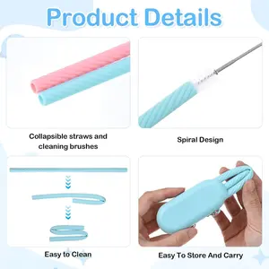 2Set Portable Straw,Reusable Straws Travel with Case Silicone Straw Set for Party Travel Cold or Hot with 2 Cleaning Brushes 2 Case (Blue,Pink）