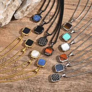 Geometric Natural Stone Pendant Necklace| Stainless Steel Square/Octagon Necklace