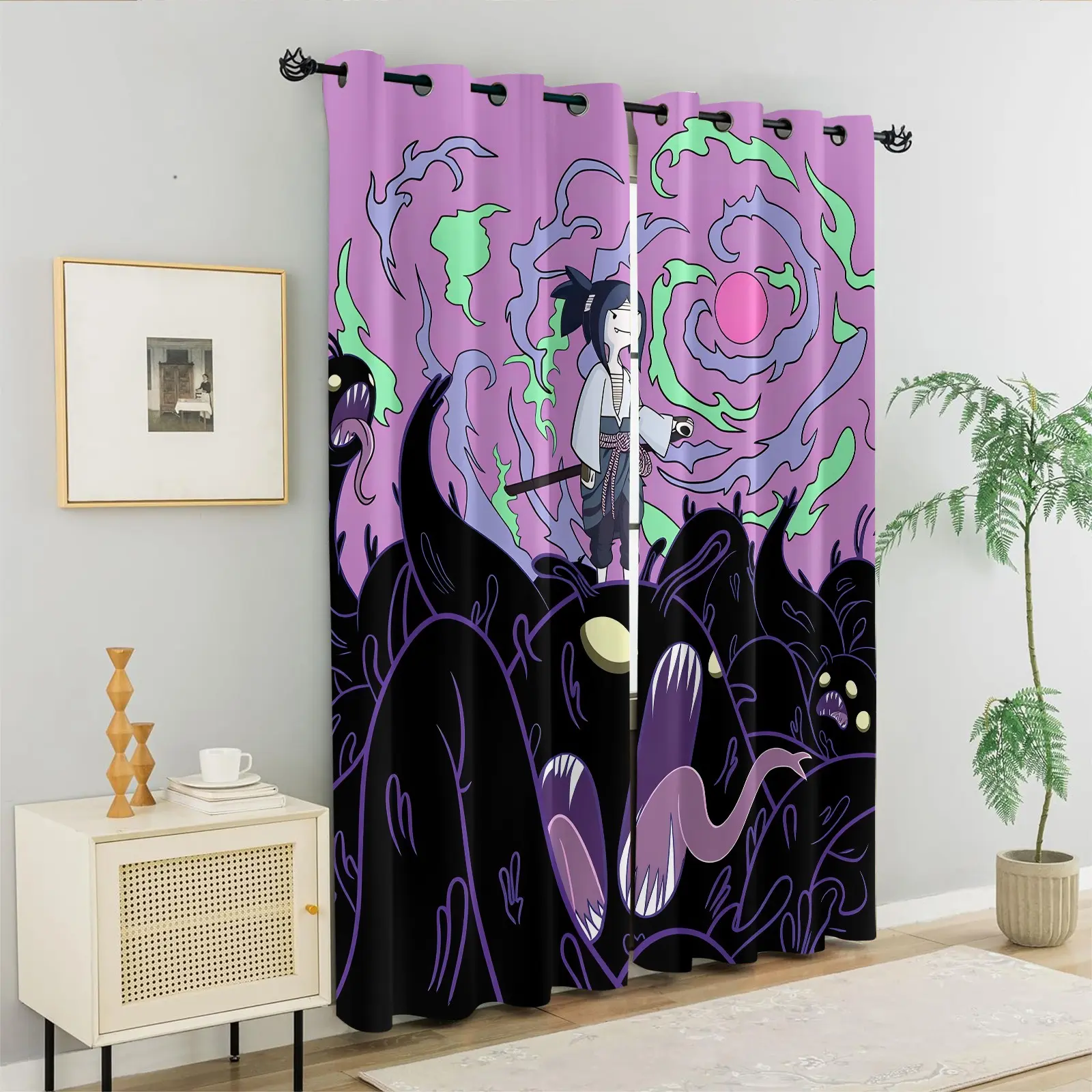 Pastel Goth Dark Gothic Grommet Curtains Set of 2, Creepy Samurai Girl Monster Print, Light Blocking Noise Reducing Window Drapes, Window Shade Cover, Game Room Bedroom Decor Present, Blackout Curtains, Anime Room Decor Gift for Manga Fan