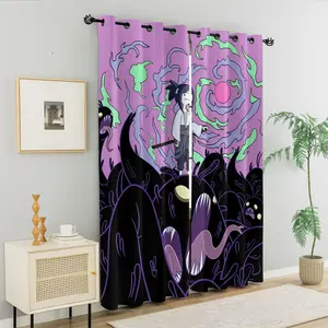 Pastel Goth Dark Gothic Grommet Curtains Set of 2, Creepy Samurai Girl Monster Print, Light Blocking Noise Reducing Window Drapes, Window Shade Cover, Game Room Bedroom Decor Present, Blackout Curtains, Anime Room Decor Gift for Manga Fan