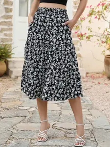 High-Waisted Layered Midi Skirt, Women's Playful Ditsy Floral Print Elastic Waist A-Line Dress, Casual Flowy Summer Vacation Skirt