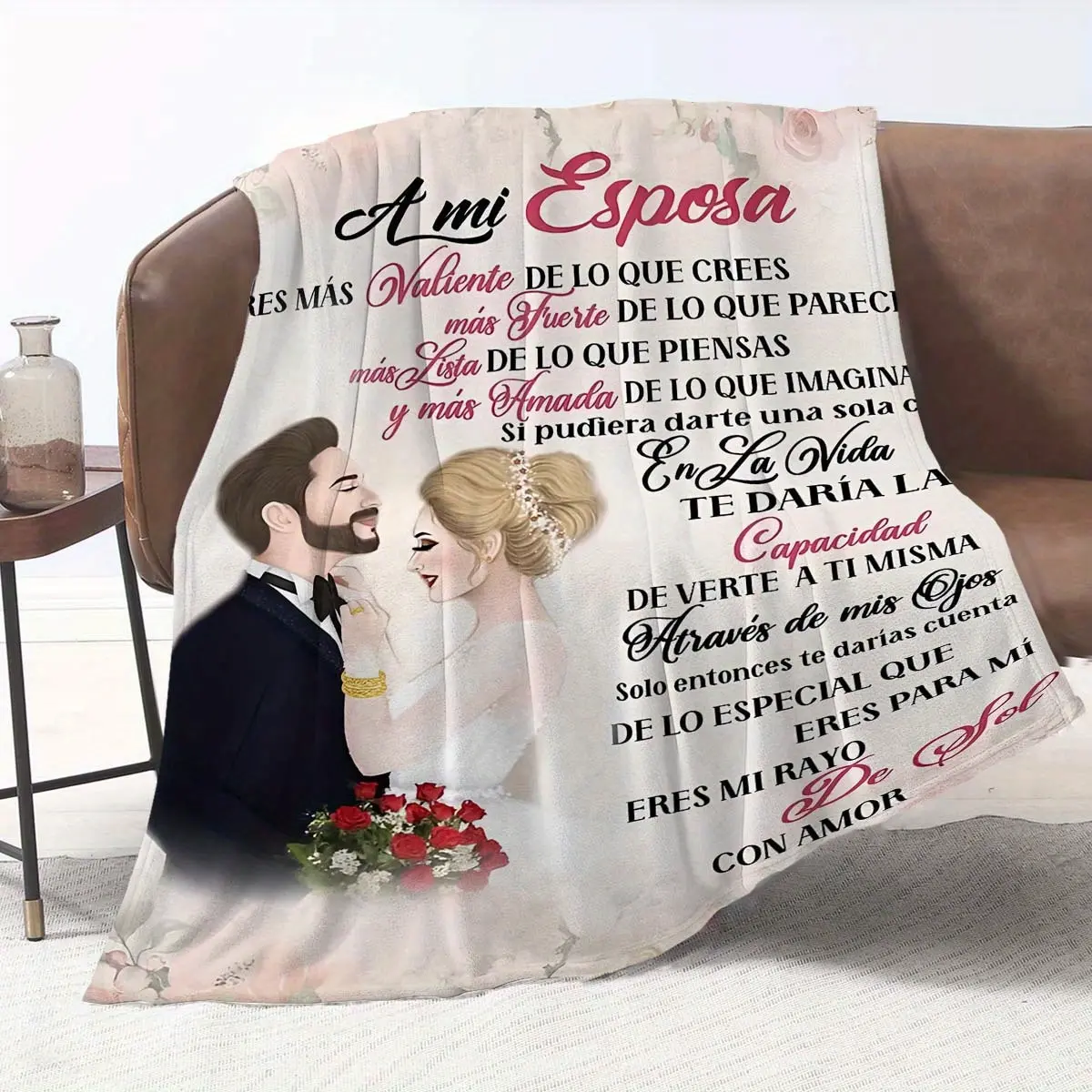 1 Piece Romantic Spanish Letter to Wife Printed Flannel Blanket - Soft, Comfortable Modern Style, Elegant Rose Design - Perfect Christmas or Birthday Gift for Her - Suitable for Travel, Sofa, Bed, Office Decoration - All-Season Use, Floral Illustration 01