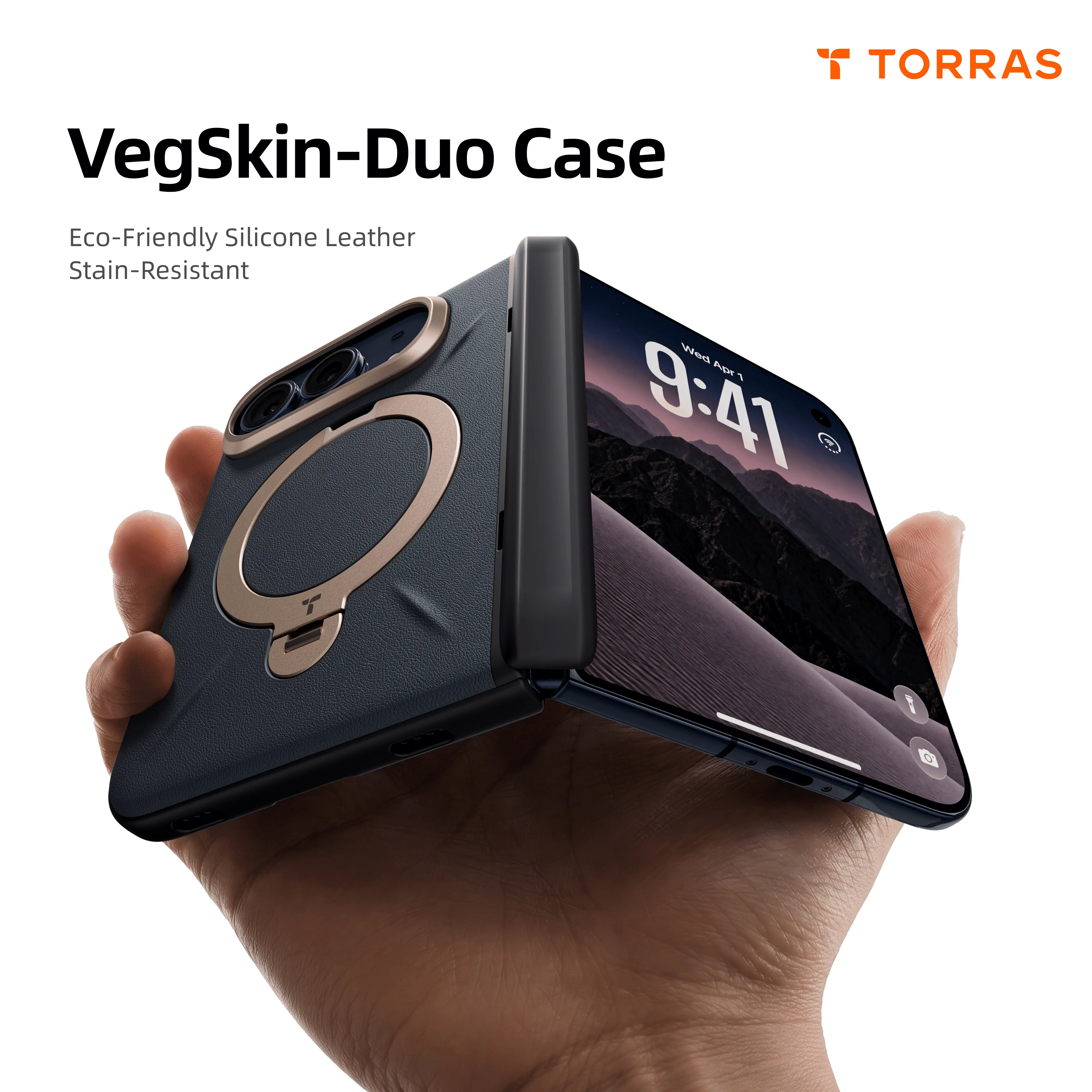 TORRAS Q3 VegSkin for iPhone Duo, Premium Leather Phone Case, 360-Degree Ring Stand, 4m Anti-Fall Shockproof Protection, MagSafe Compatibility, Easyclean Surface Mobile Accessory, Deep Blue、Amber Brown、Pearl Grey