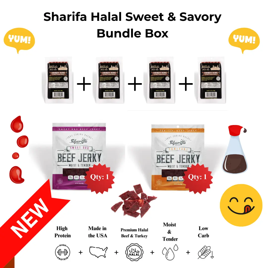 Sharifa Halal Sweet & Savory Bundle Box - Premium Jerky Sampler with Turkey Toms, Sweet BBQ, and Teriyaki Jerky - High Protein, Low Carb, Made in USA