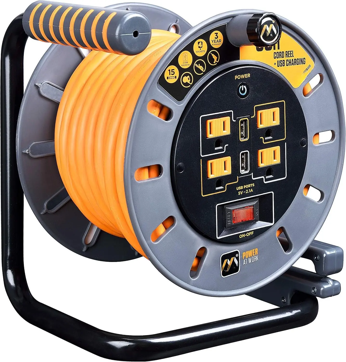 50ft Cord Reel, Retractable Extension Lead with Winding Handle, Safety Overload Circuit Breaker and Power , 4x Grounded Outlets, 2x USB Ports, 15amps, 12AWG