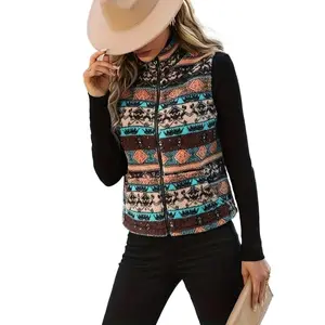 Women’s Aztec Pattern Sherpa Vest, Zip Up Sleeveless Teddy Fleece Jacket for Fall and Winter, Warm Layered Outerwear