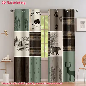 2D Flat 2Pcs Cartoon Bear Deer Cabin Forest Tree Mountain Lake Plaid Printed Curtains, Rod Pocket & Eyelet Design, Semi-Shading Polyester Fiber for Home Living Room Bedroom Balcony Kitchen Study Window Decoration, Accessory, Anti Privacy.