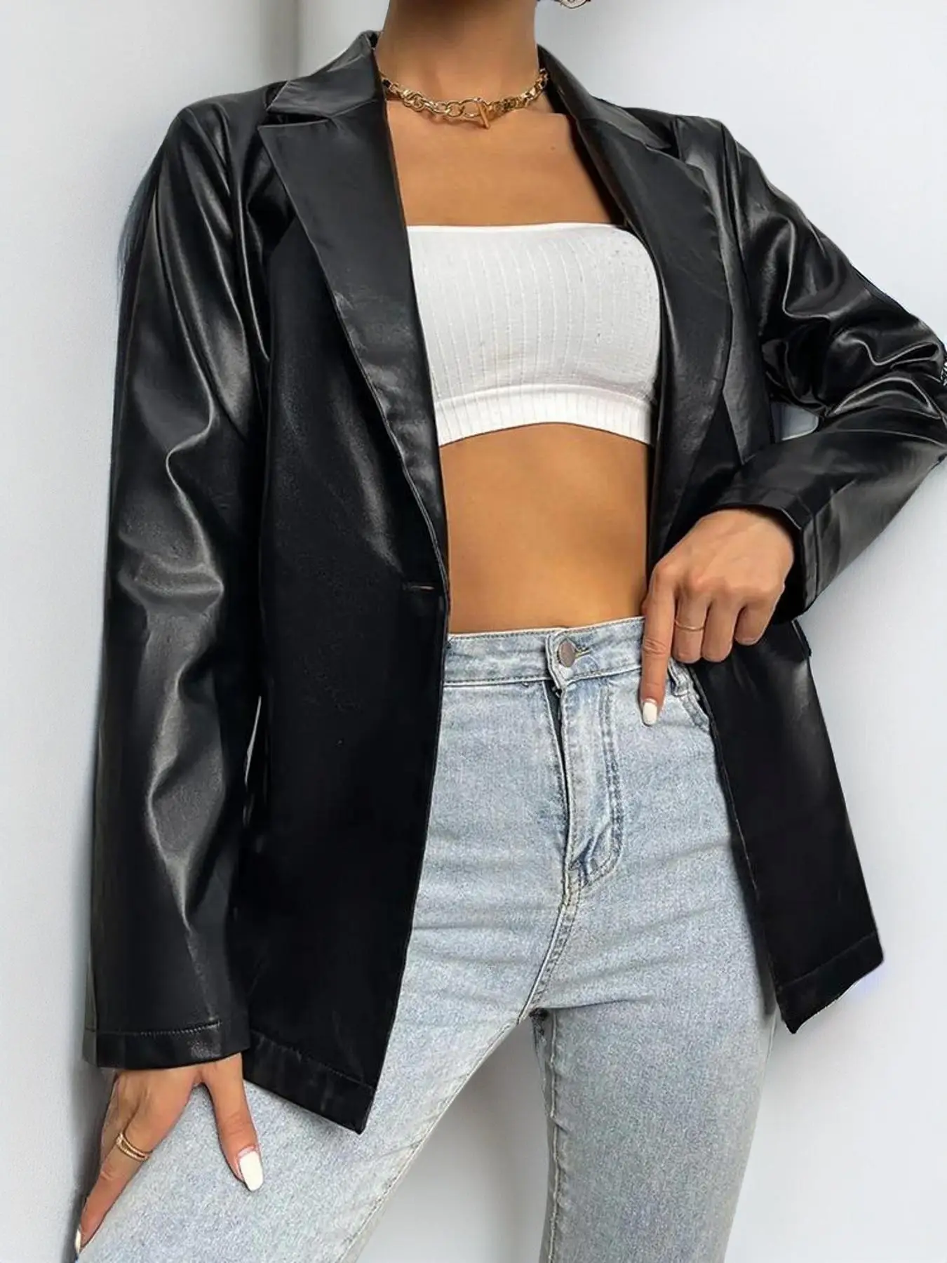 Women's Single Breasted Lapel Blazer Jacket, Fall Outfits, Fallfreshness Elegant Long Sleeve Button Front PU Leather Outerwear, Fashion Women's Clothi