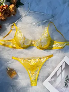 New Women's Yellow Floral Embroidered Adjustable Lingerie Set with Pearl Detail Floral Lace Corset for Daily Wear & Special Occasions