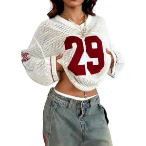 Women's Y2k Tops Oversized Hollow Out Crochet Jersey Shirts Graphic V Neck Pullover Sweater