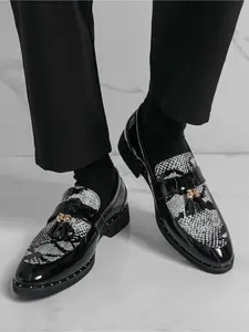 1 Pair of Color Blocked Tassel Men Loafers Low Heel Round Toe Business Banquet Men Shoes Footwear