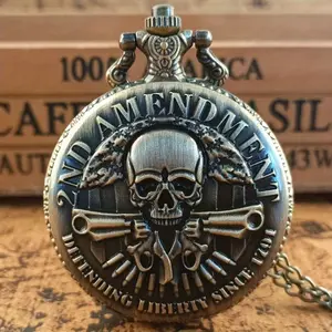 Vintage Bronze Skull Quartz Necklace Pocket Watch Pendant