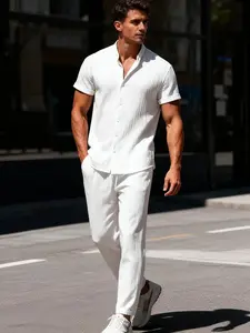 Men's White Plain Textured 2-Piece Casual Everyday Set Menswear - Short Sleeve Stand Collar Shirt & Drawstring Waist Pants, Lightweight Breathable Fabric, Relaxed Fit for Beach Days, City Walks & Summer Outings