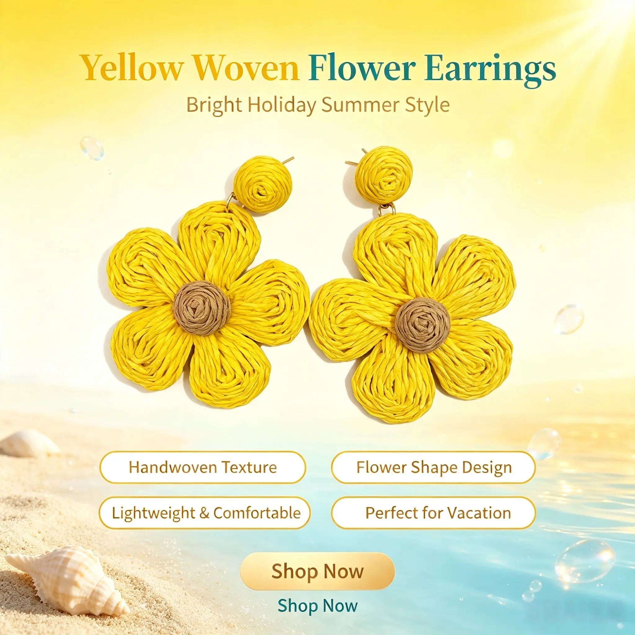 Yellow Woven Flower Earrings Bright Holiday Summer Style Handwoven Texture Flower Shape Design Lightweight Comfortable Perfect for Vacation