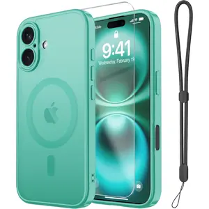 Magnetic for iPhone 16e/17e Case,with Screen Protector+Wrist Strap,Compatible with MagSafe,Camera Protection,Military Grade Drop Protection,Slim Translucent Matte Phone Cover,Turquoise