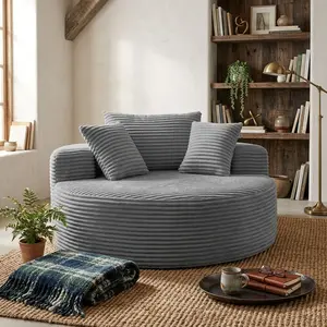 Fluffy Oversized Round Sofa Chair, Corduroy Deep Seat Cloud Lounger Chaise, Multi-Functional Sleeper Sofa Bed, No Assembly Boneless Circle Lazy Chair for Indoor Living Room Bedroom Reading Nook