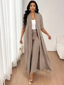 Lady 2025 New Women's Elegant, Casual, Commuting, Vacation, Simple, Lighting Brown Solid Color Long Cardigan Jacket And Loose-Fitting Straight-Leg Trousers Two Pieces Set Four Seasons
