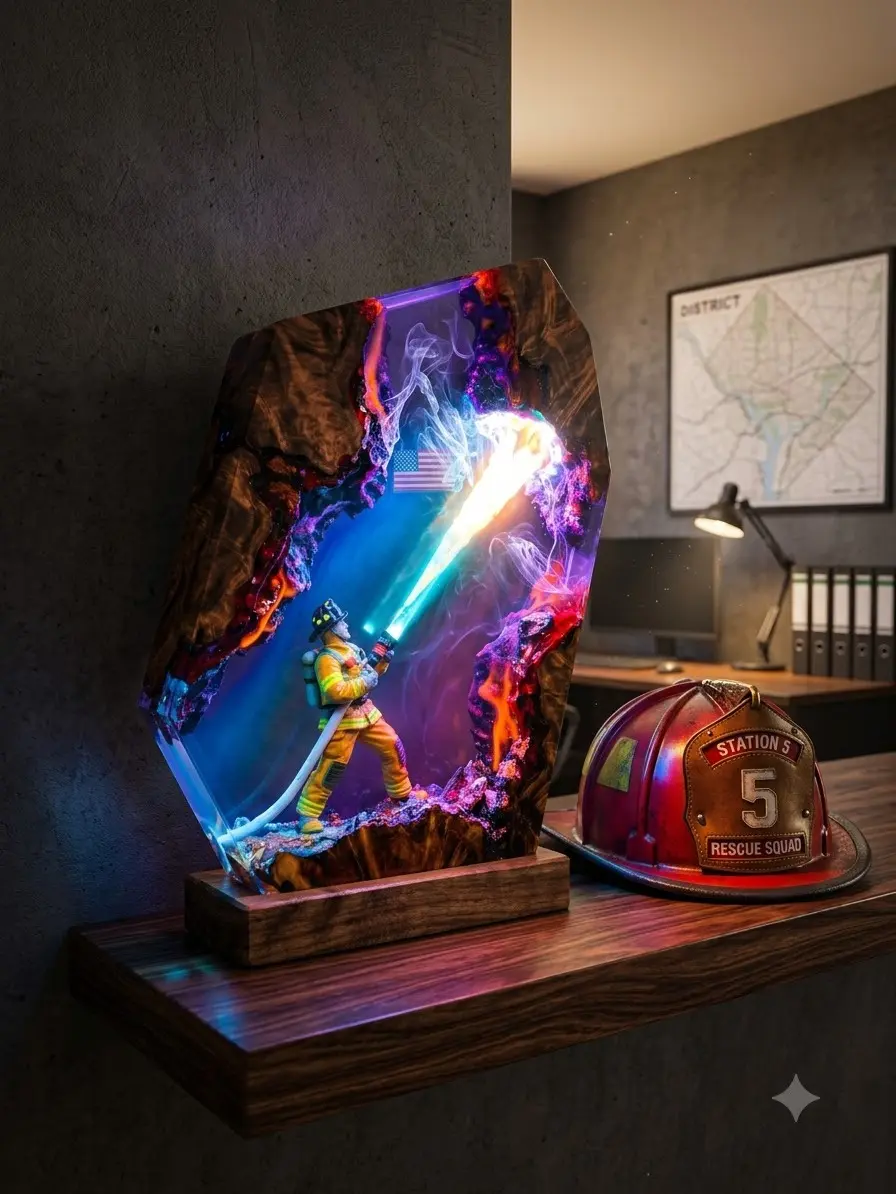 Firefighter Resin Wood LED Night Light, Handmade Firefighter Table Lamp, Fireman Desk Decor, First Responder Gift, Firefighter Retirement Gift, Home Office Decor