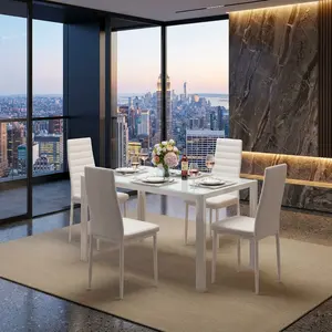 Modern 5-Piece Glass Dining Table Set for 4, Rectangular Glass Top Dinette Set with High Back PU Leather Upholstered Chairs, Modern Space Saving Dining Furniture Perfect for Kitchen, Dining Room, Living Room and Small Apartment