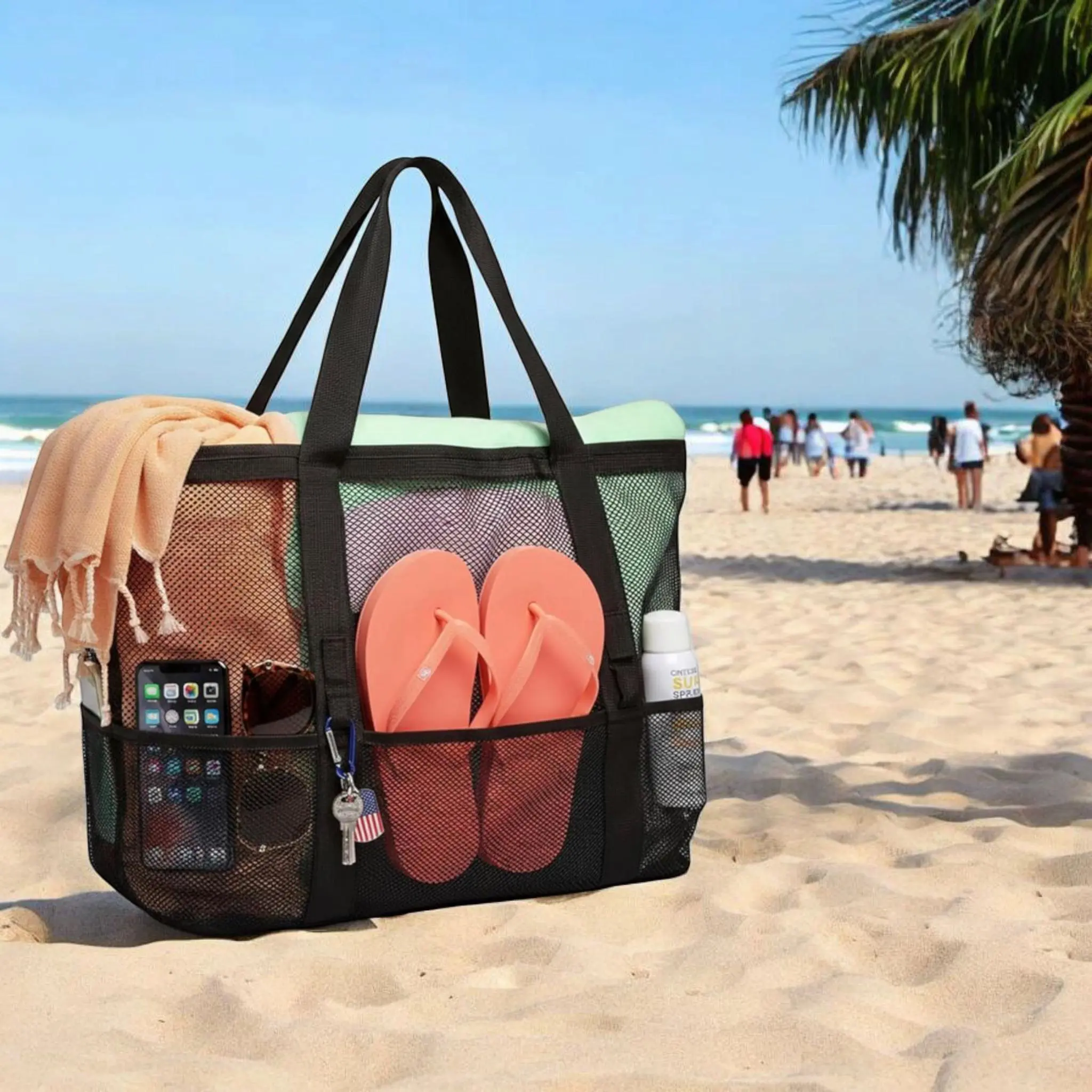 2026 summer Fashion Large Mesh Beach Bag for Women Oversized Pool Tote with 9 Pockets Sandproof Quick Dry Swim Gym Travel Bag, Collapsible Carry-on Travel Shoulder Bag