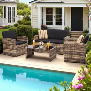 4-Piece Outdoor Patio Conversation Set, Rattan Sectional Sofa with Cushions, Wicker Furniture for Garden, Porch , Backyard, Stylish Grey Rattan and Light Grey Cushions – Trending Outdoor Decor