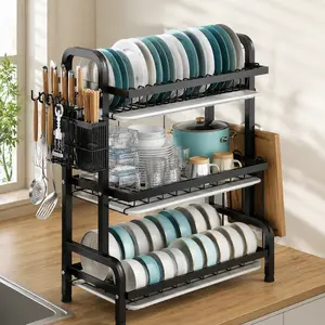 3-Tier Stainless Steel Kitchen Dish Rack – Large Capacity Countertop Tableware Organizer with Removable Drain Tray, Utensil & Knife Holder, Space-Saving Metal Storage Rack for Plates, Bowls, Cups, and Cutlery – Black