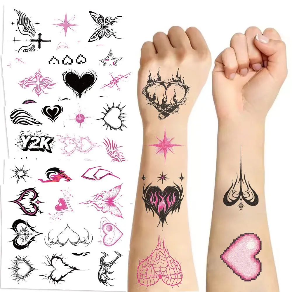 10 Pcs Cartoon Y2K Heart Tattoo Stickers, Waterproof Fun Patchwork for Kids, Cute and Funny Tattoos