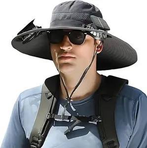 Solar Fan Bucket Hat, UPF 50+ Wide Brim Sun Hat, Rechargeable & Solar Powered 2 Fans Fishing Hat for Outdoor Beach Summer
