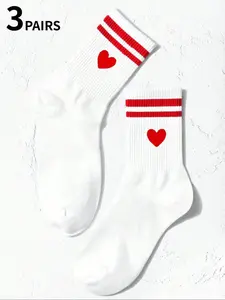 3-Pair Set of Women's Heart-Print Double-Stripe Mid-Calf Casual Fitted Athletic Sports Socks Love Valentine's Day Gift Top Choice for Fall Outfits All-Season Sock Style