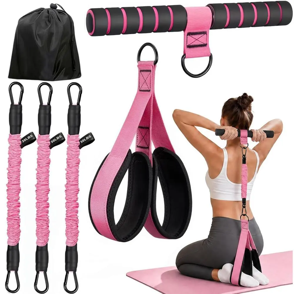T-Handle Foot Pedal Pull Rope Set, pink tough latex tubes with adjustable foot straps, drawstring pouch included, beginner sports equipment, home repetitive drills outdoor leisure walking neighborhood group training gear