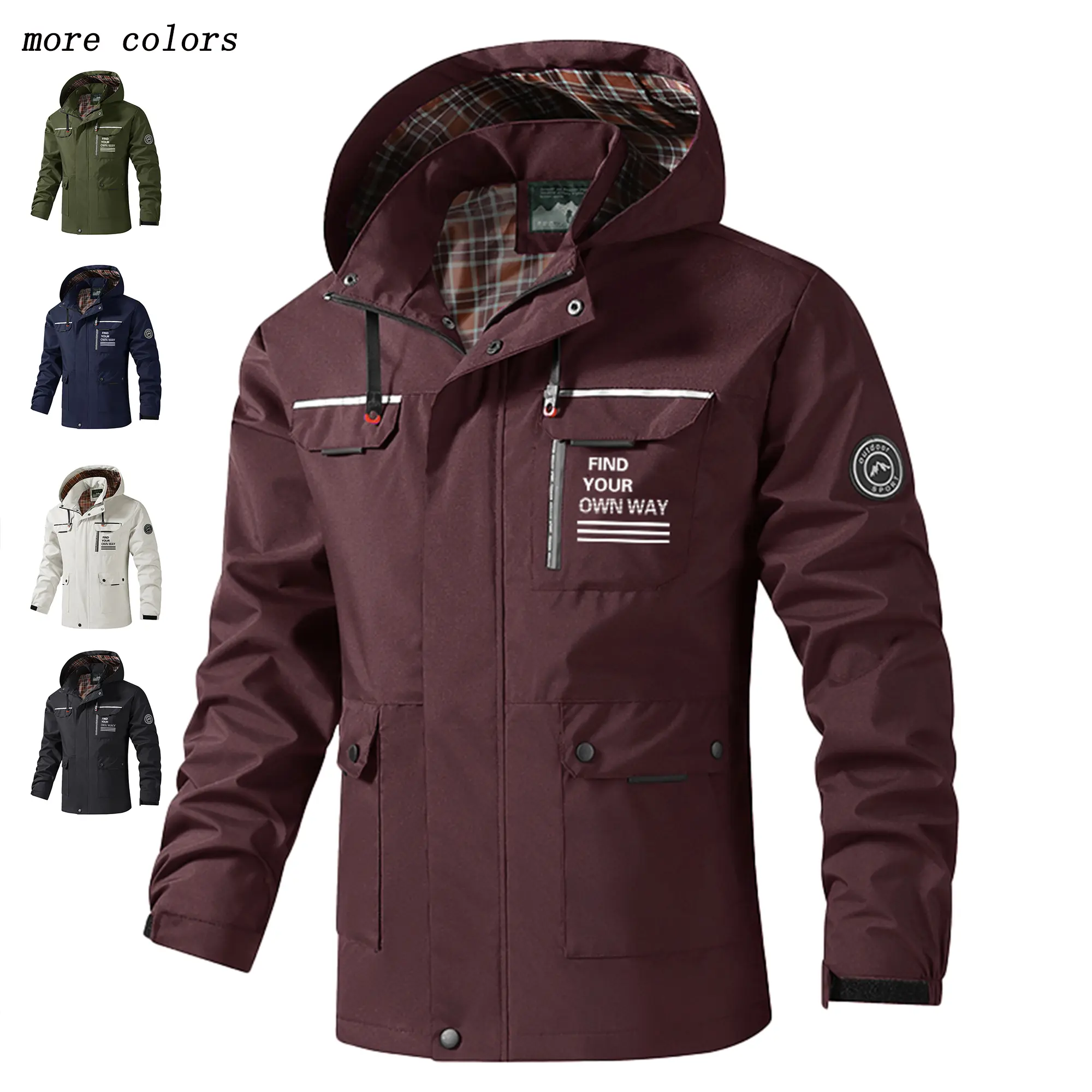Lightweight men’s polyester work coat with removable hood, multi-pocket windproof outerwear for outdoor and city street style