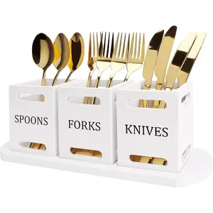 Wooden Flatware Silverware for White Cutlery Holder Small Utensil Holders for Counter Wood Silverware Organizer Countertop Knife Fork and Spoon Holder Table Utensil