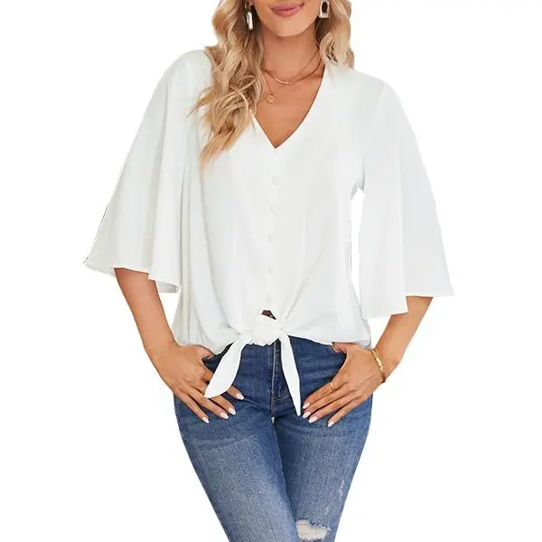 luvamia Blouse Top Women's Casual V Neck 3/4 Bell Sleeve Tie Knot Flowy Button Down Blouses Solid Shirts Basic