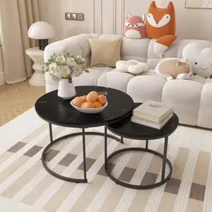 Round Nesting Coffee Table Set of 2 – Marble Pattern Modern Coffee Tables with Metal Frame