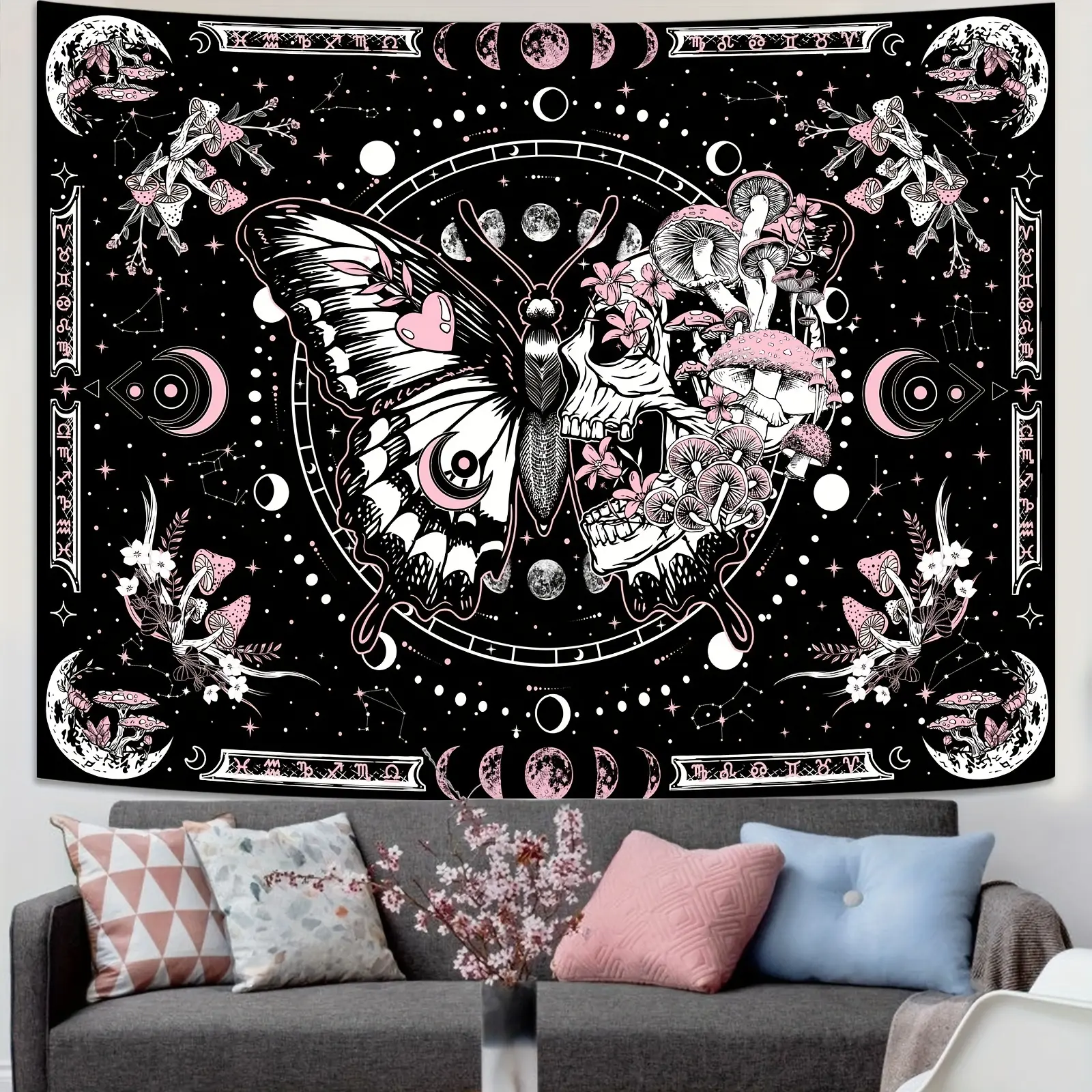 Gothic Bohemian Vibrant Polyester Wall Hanging Tapestry - Hangable Indoor Bedroom Decor with Whimsical Mix of Butterfly & Skull, Moon Phase, Mushroom, Plant Prints for Hippie Style Home Supplies