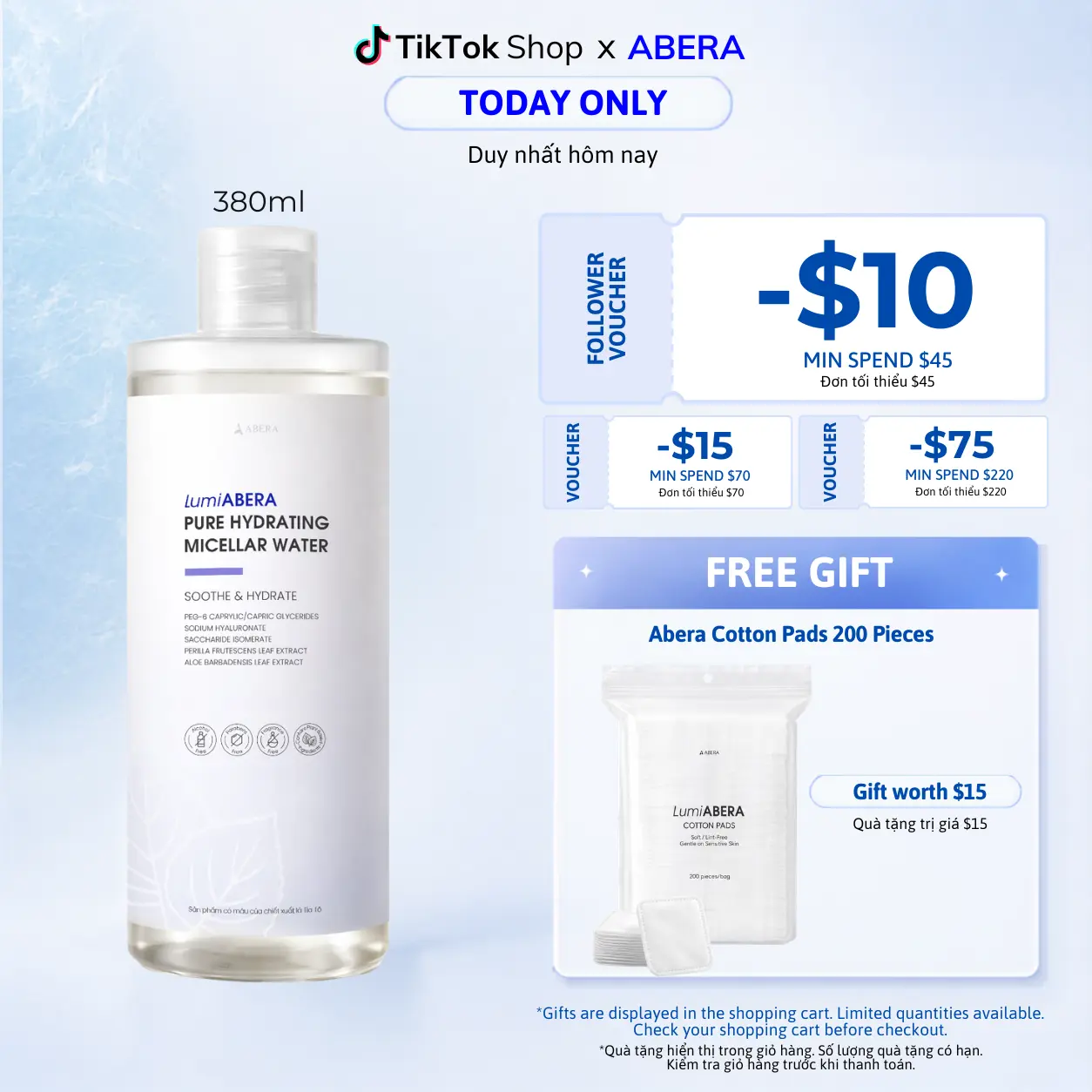 LumiABERA Hydrating Micellar Water 380ml - Sodium Hyaluronate & Panthenol - For Dry & Sensitive Skin