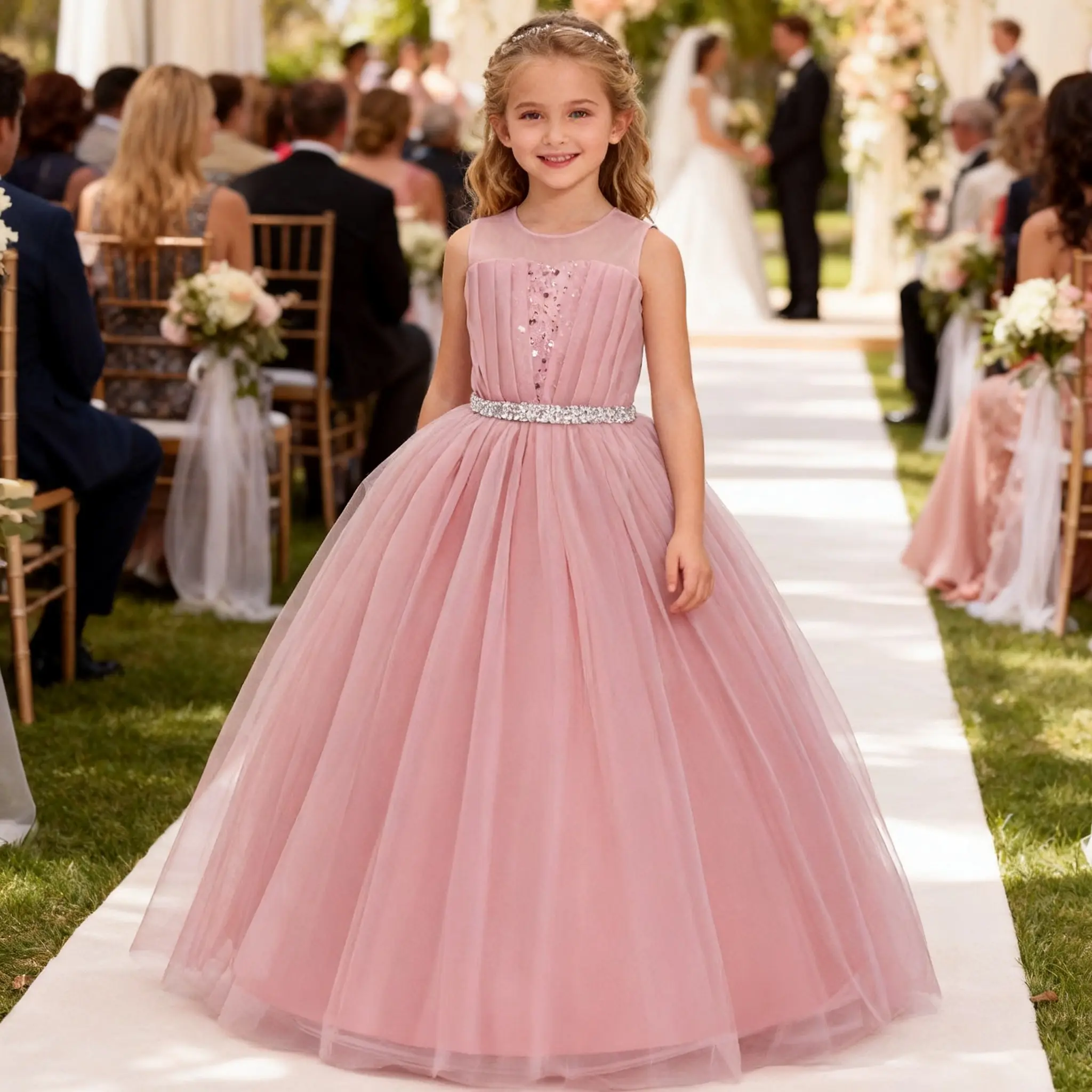 Girls' Crew Neck Princess Dress, Pink Tiered Mesh Maxi Gown with Puff Sleeves, Sequin Pearl Belt & Back Bow for Weddings, Princess Wedding Dress, Maxi Length, Tiered Layers, All Seasons, Belted, Formal, Large Skirt Flare