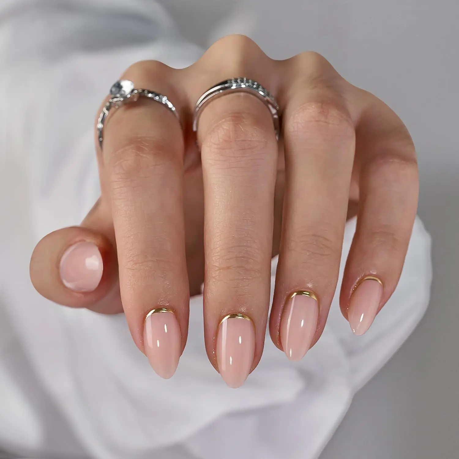 BTArtbox Press On Nails Almond - Short Nails Press Ons with Gold Foil Design, Glue On Nails for Women Gift, Supremely Fit Glossy Stick On Nails in 16 Sizes - 30 Nail Kit, Gold End