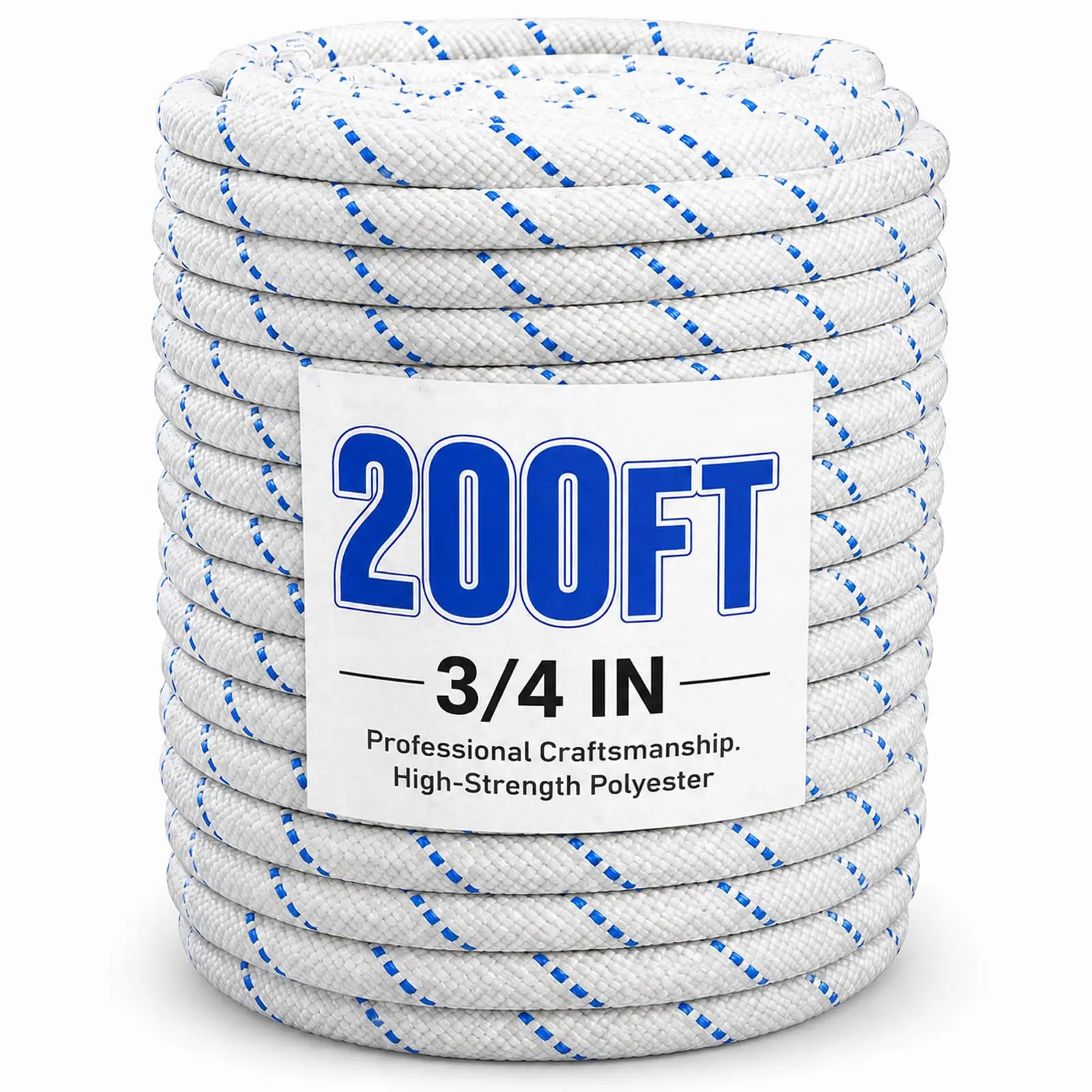3/4 Inch x 200 FT Polyester Bull Rope, 24 Strand Heavy Duty Tree Rope | High Strength Braided Tree Rigging Rope with Up to 20,000 lb Tensile Capacity for Tree Work, Camping and Swings, Blue/White