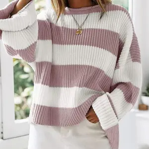 Woman's Soft Knit Sweater Pink White Stripe Loose Oversized Casual Comfortable Breathable Warm Pullover For Autumn Winter Daily Wear