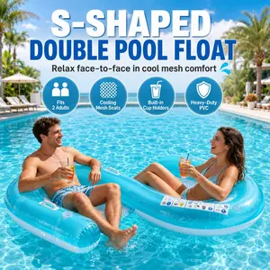 S-Shaped Inflatable Mesh Pool Float, 155x170x25cm/61x67x10in Foldable Double Lounge Raft with Backrest & Cool Mesh Seat, Heavy Duty PVC Floating Bed for Adults Couples, Swimming Pool, Beach, Lake, Resort & Summer Party Water Fun, Pool Float Lounger