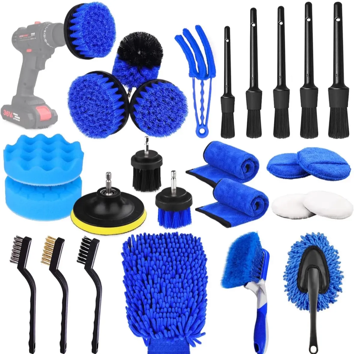 26Pcs Car Detailing Brush Set, Car Detailing Kit, Auto Detailing Drill Brush Set, Car Detailing Brushes, Car Buffing Sponge Pads Kit,Car Accessories,Car Cleaning Tools Kit for Interior,Exterior,Wheels.