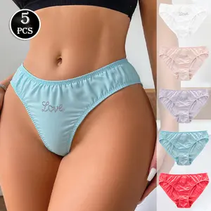 5 Pcs Crystal Letter Ruffle Satin Panties Seamless Underwear Briefs Solid Color Breathable Comfy Women's Underpants Girl