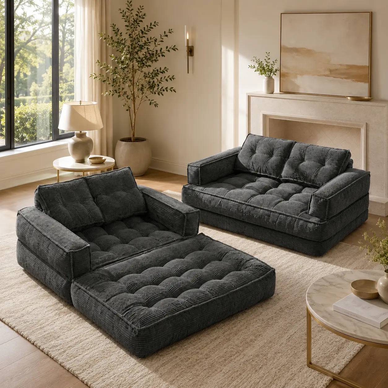 2-in-1 Convertible Sofa Bed Foldable Floor Couch Soft Corduroy Sleeper Sofa with Deep Tufted Cushions Modern Folding Futon Sofa Bed for Living Room Apartment Small Space
