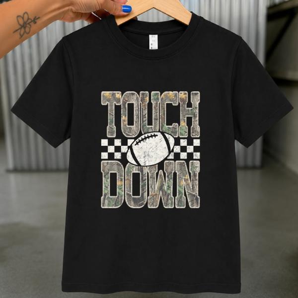 Youth and Adult Camo Touchdown Short Sleeve Shirt,  Camo Football Season, Casual Wear, Family Matching Tee