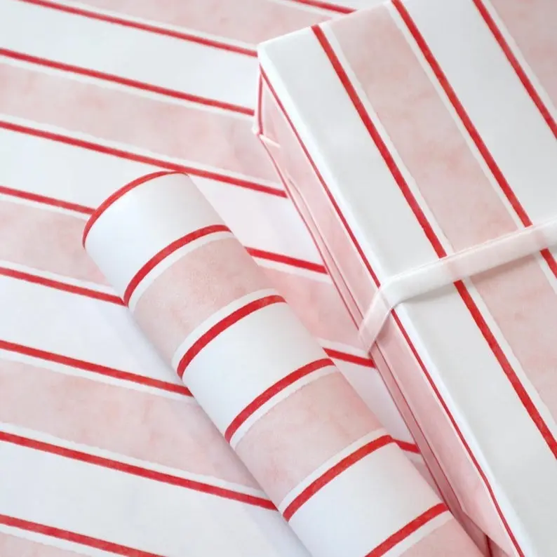 Gift Wrap Roll | Pink & Red Watercolor Stripe | Wrapping Paper | Christmas Holiday | 6ft Roll