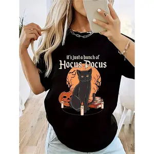 Women's 190g Black Cotton Crewneck Short Sleeve It's Just a Bunch of Hocus Pocus Halloween Graphic Tee, Witchy Cat & Pumpkin Print T-shirt, Casual Fall Fashion, Spooky Holiday Top, Comfortable & Trendy Pullover for Parties