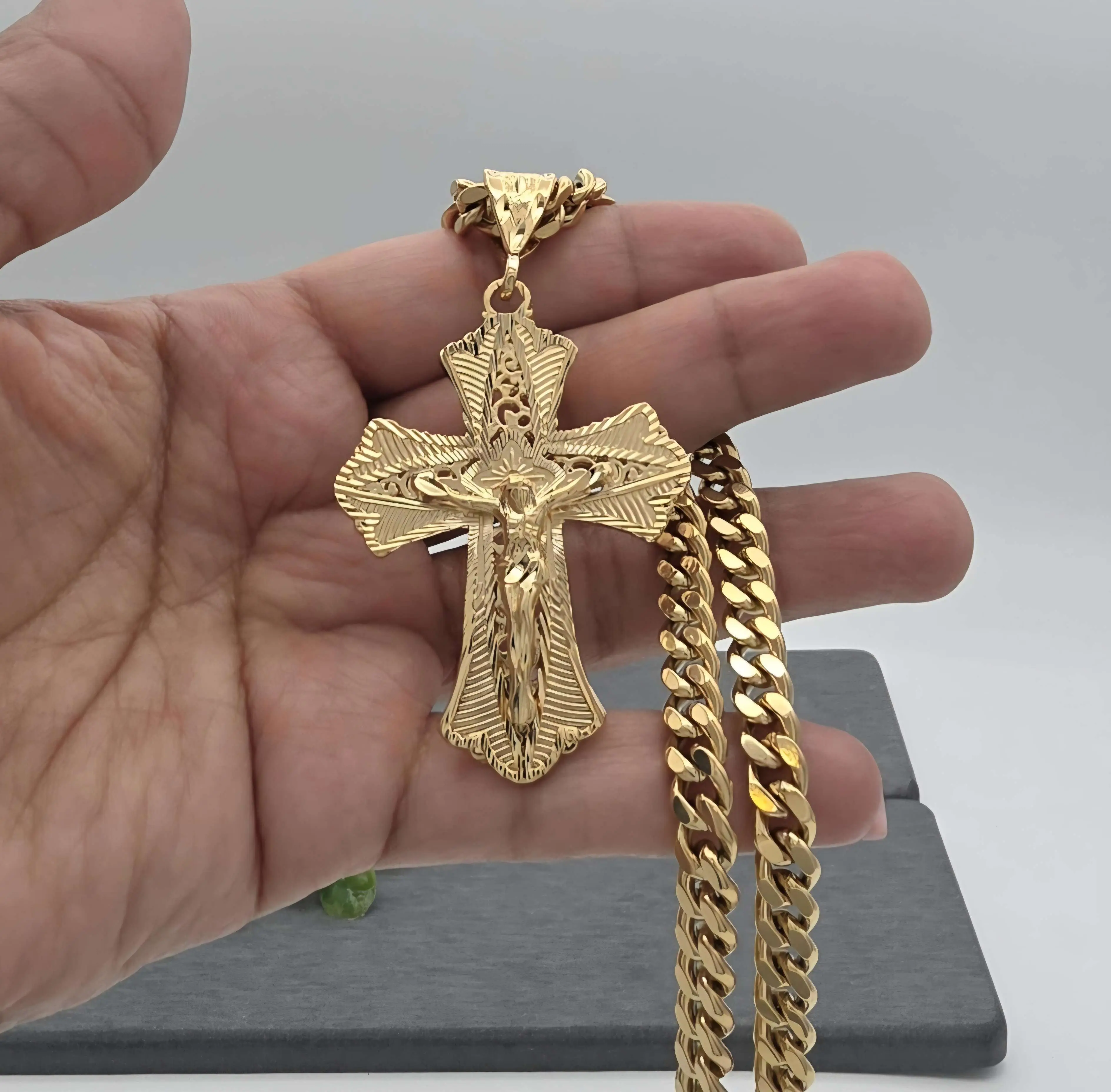 Large Ornate Crucifix Necklace, 7mm Cuban Chain, 14k Heavy Plated, Lifetime Replacement Guarantee