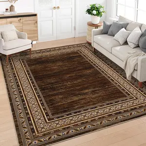 10x13 Washable Area Rug for Living Room, Modern Geometric Bordered Carpet for Bedroom, Dining Room & Home Office Decor (Red Brown)